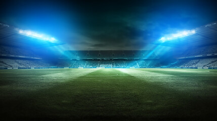 Soccer stadium grass field illuminated by spotlights and empty green soccer grass playground, arena or stadium digital background advertisement background . Generative AI
