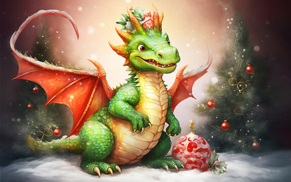 Santa Dragon in winter village. Merry christmas and Happy New year concept. Illustration. Post processed AI generated image