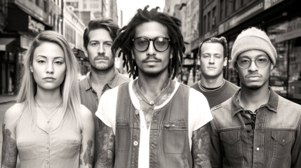 People of NY Street Photography. Summer in NYC; a diverse crowd of hipsters paint a black and white mosaic, each contributing their unique style and spirit. Generative AI