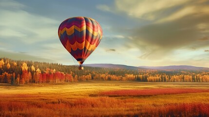 Hot air balloon over the field with beautyful aurora generative ai