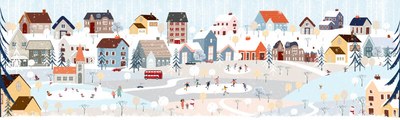 Christmas background,Winter Landscape in Christmas eves at night in City,Vector cute cartoon Winter Wonderland in the town,People celebration in the park on New Year,Banner Design for Holiday season