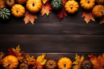Flat lay of many colorful pumpkins and maple leaves frame on wooden background with copy space. Generative AI