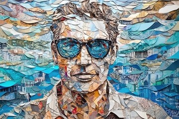 Fashion Guy with Sun Glasses with waves around. Retro Effect. Generative AI