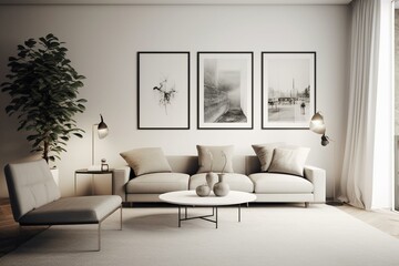 Sleek poster frame in modern living room, minimalistic style. 3D render and illustration. Generative AI