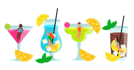 Set of different popular cocktails with floating girls inside the glass. Vector graphic.