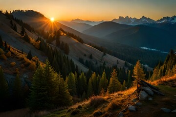 Sunrise over Swiss mountains in autumn. Generative AI
