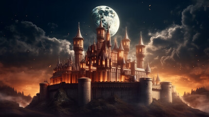 Fototapeta na wymiar Castle with full moon in night sky