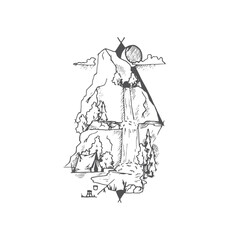 Handdrawn landscape illustration, Nature artwork, Mountains, Drawing, Nature design, Tattoo handdrawn, Mountain illustration