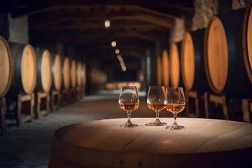 Fotobehang Aged golden fortified wine in the wine glass on background of wooden barrels in cellar of winery. AI generated. © tynza