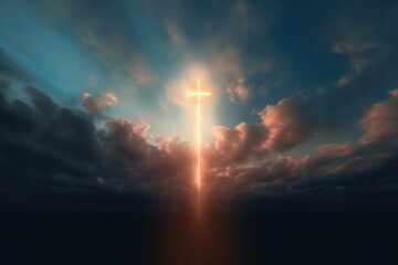 Cross made of bright light in the sky. The cross breaks through the clouds. Generative AI