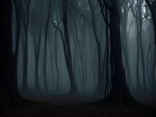 Dark mysterious forest for scary dark background. Generative ai