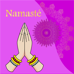 Elegant greeting card with illustration of beautiful 
women's hand in Indian greeting (Namaste) pose on
floral mandala design decorated background for
 Happy Onam festival celebration.
