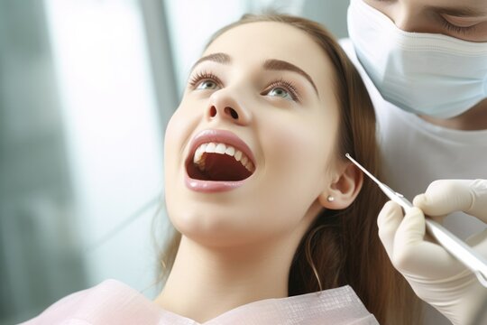 Young woman is getting her teeth tested by dentist