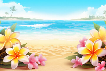 Fototapeta na wymiar frangipani flowers on the beach in sand copy space illustration Generative AI