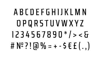 Obraz premium Strong official alphabet set. Vector decorative typography. Decorative typeset style. Latin script for headers. Trendy letters and numbers for graphic posters, banners, invitations texts