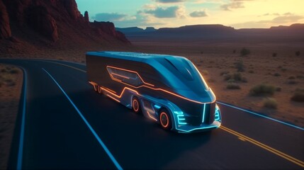Obraz na płótnie Canvas Futuristic High-Tech Concept: Big Semi Truck with Cargo Trailer Drives on the Road is Transformed with Graphics Special Effects Into Digitalized Advanced Autonomous Truck Concept. Generative AI