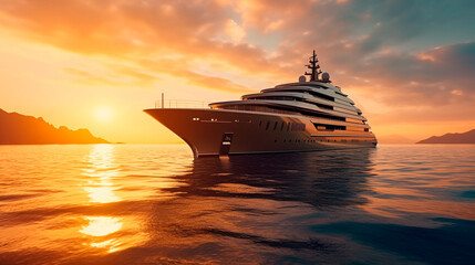 A luxury mega yacht with golden glass in the ocean at a sunset. Generative AI