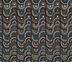 Seamless abstract geometric pattern. Interlaced wavy multicolored lines on a black background. Striped graphic texture. Retro ethnic style. Traditional asian motif. Vector image.