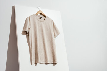 Beige t-shirt mockup, template on wooden hanger
