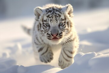 Fototapeta premium cartoon illustration, a cute tiger running in the snow, ai generative