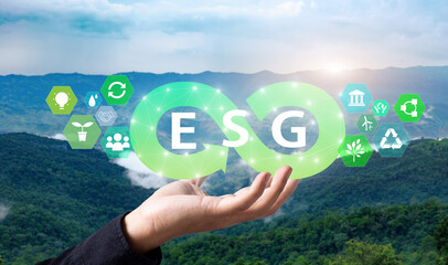 ESG Environmental, Social and Corporate Governance sustainability and ethical business.Hands...