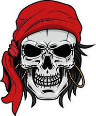 Pirate Skull Graphic Logo Design. Vector Hand Drawn Illustration Isolated On Transparent Background