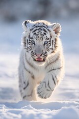 cartoon illustration, a cute tiger running in the snow, ai generative