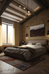Classic style bedroom interior with bed in counrtry house. AI generated