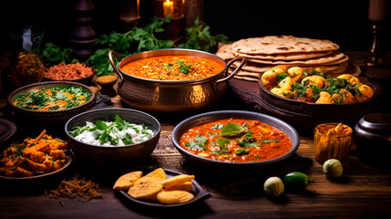 Fototapeta premium Assorted various Indian food on a dark rustic background. Generative AI