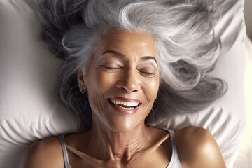Generative AI illustration of a close-up portrait of a smiling middle-aged black woman with silver hair having an orgasm lying on the bed having a great time enjoying her sexuality. - obrazy, fototapety, plakaty