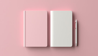 Notebook mockup. Top view flat lay, Pink and white copybooks isolated on pink background. Blank template copy space. Diary textbook cover mock-up. Banner. Ai generative
