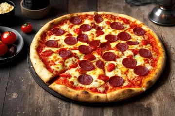 Foto op Plexiglas pizza on a table, generative ai © drimerz