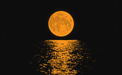 Orange full moon on the night sea