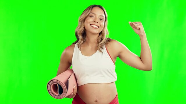 Pregnant woman, yoga and flex in fitness on green screen for healthy wellness against a studio background. Portrait of happy female person or yogi in maternity with smile and flexing arm on chromakey