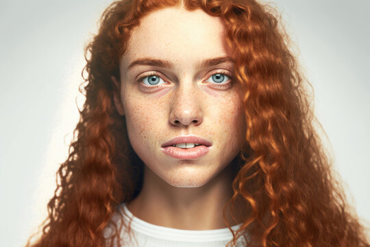 Generative AI illustration of a a Ginger beautiful redhead curly hair woman portrait biting his lower lip in front a white background