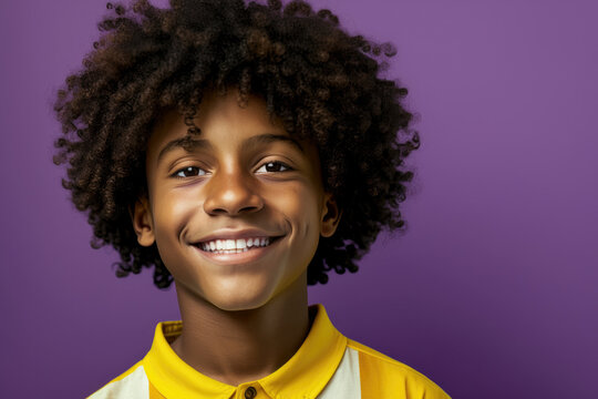 Generative AI illustration of a adorable afro latin boy smiling looking at camera with yellow shirt and purple background