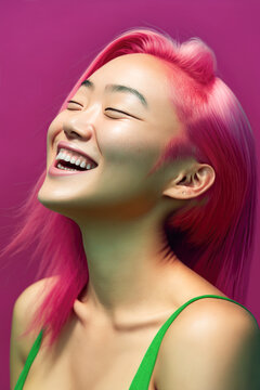 Generative AI illustration of a side view of happy young chinese woman with dyed pink hair smiling with eyes closed against green background