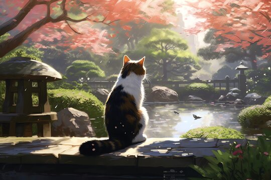 A Calico cat gazing at a beautiful Japanese garden