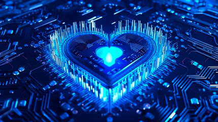 Blue heart designed as central processing unit of love. Postproducted. Generative AI