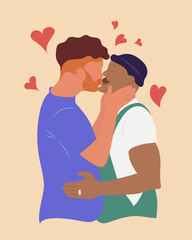 Multiethnic gay couple are proud to be. Young homosexuals gay couple love each other. Element lgbt and gay parade, protest. Vector illustration with lgbt man.
