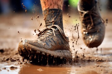 A foot in a muddy running shoe in a cross country