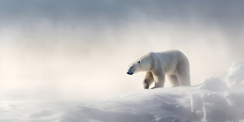 Fototapeta na wymiar In the vast expanse of the Arctic tundra, a solitary Polar Bear traverses the icy terrain, its pure white fur blending seamlessly with the snow-covered landscape.