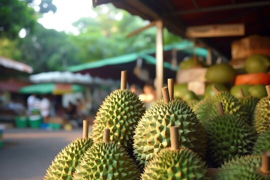 A Durian Fruit Split Open A Bustling Southeast Asian Market