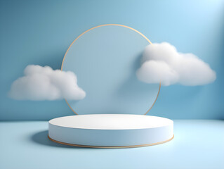 round podium 3d rendering with clouds and circle background. soft blue monochrome cosmetic product display. best for advertising product.