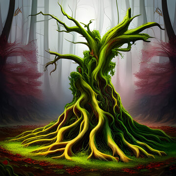 Mystical illustration of a large tree in the forest, covered with moss