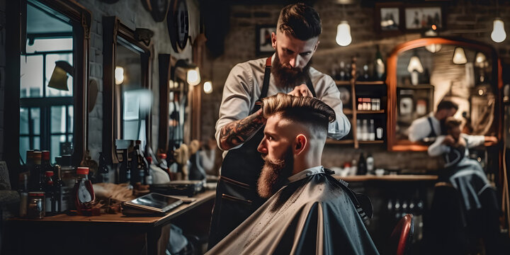 A barber carefully trimming a customer's hair, as the customer's face lights up with satisfaction, in a modern and sleek barbershop