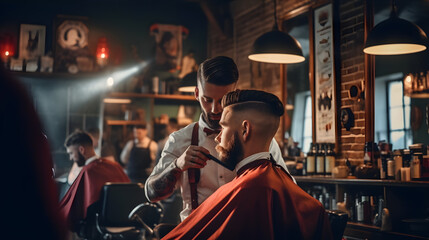 A barber carefully trimming a customer's hair, as the customer's face lights up with satisfaction, in a modern and sleek barbershop
