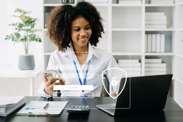 Cyber security concept, Login, User, identification information security and encryption, secure access to user's personal information woman using smart phone and tablet.