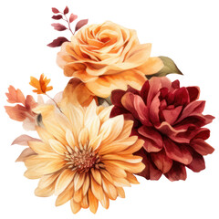 Bouquet of autumn flowers, watercolor autumn floral, rose, peony, dahlia, Isolated on transparent background. Generative AI