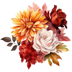 Bouquet of autumn flowers, watercolor autumn floral, rose, peony, dahlia, Isolated on transparent background. Generative AI